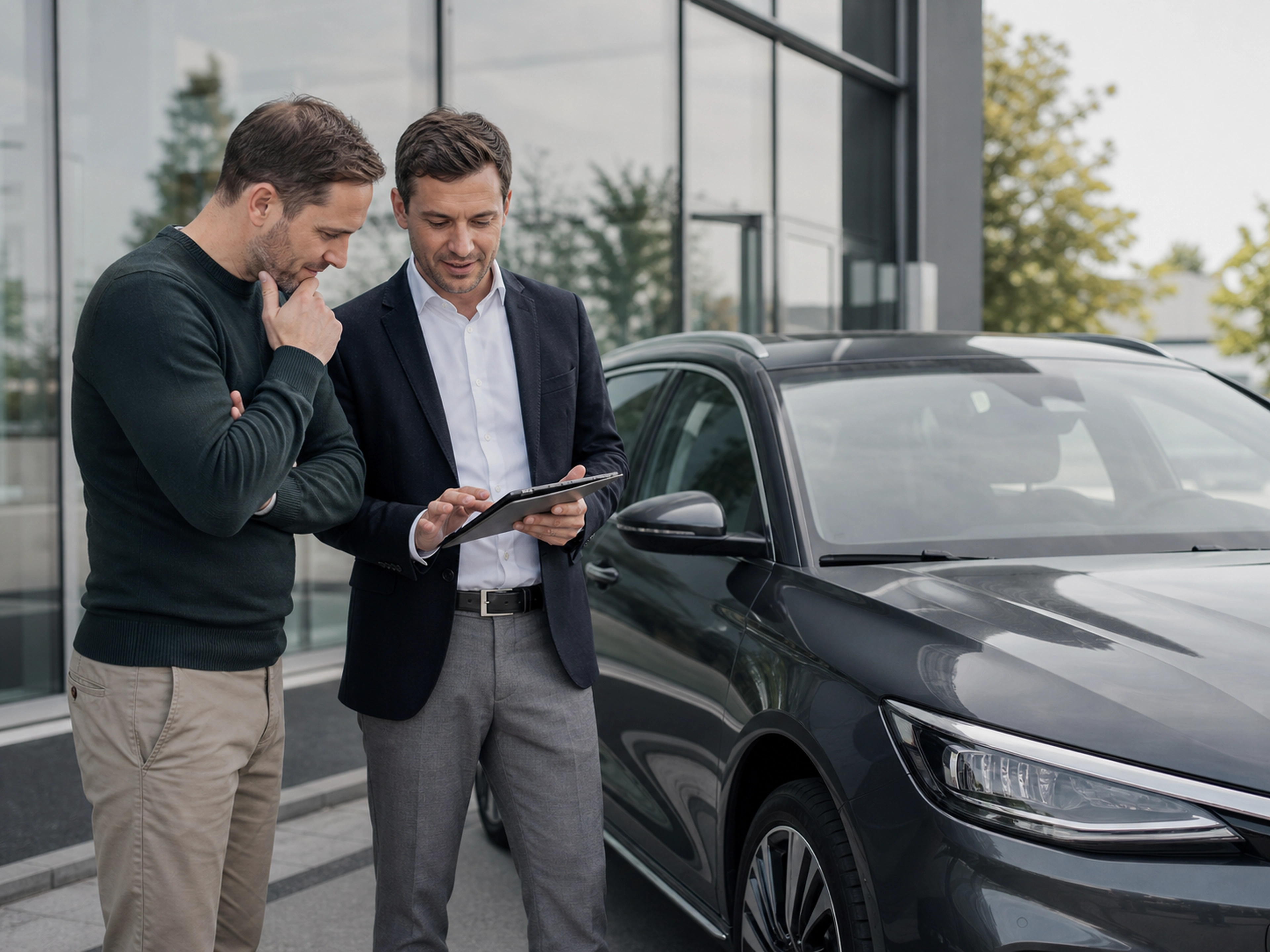 Poradca autoleasing.sk preberá s klientom ponuku pri vozidle